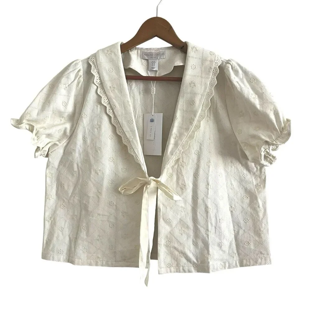 Caroline Constas Eyelet Denim Puff Sleeve Top Short Twin Set S Cream Costal NWT